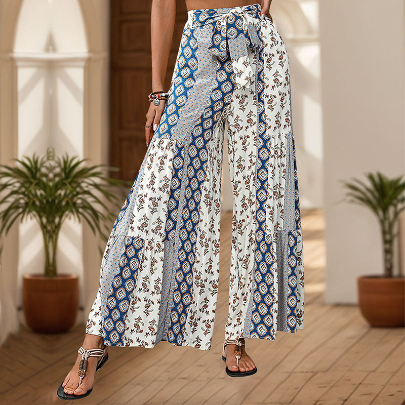 Women's Boho Floral Tie Waist Wide Leg Palazzo Pants