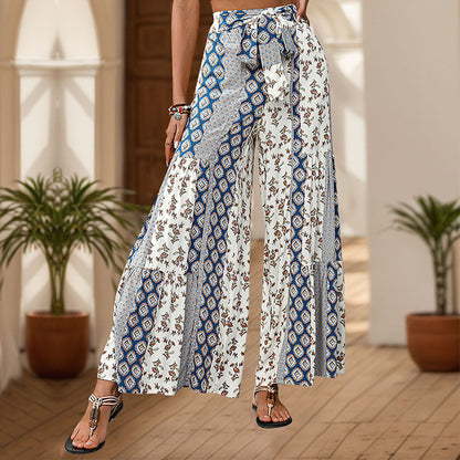 Women's Boho Floral Tie Waist Wide Leg Palazzo Pants