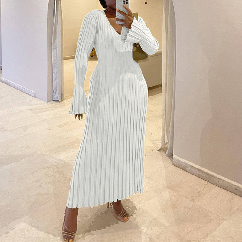 Ribbed V-Neck Tie Waist Maxi Sweater Dress