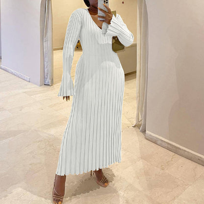 Ribbed V-Neck Tie Waist Maxi Sweater Dress