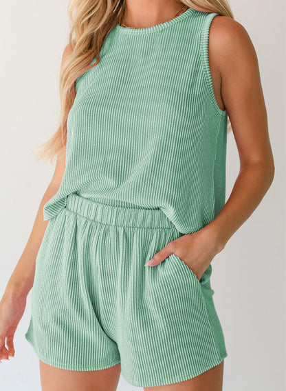 Dark Pink Ribbed Sleeveless Tank and Shorts Lounge Set