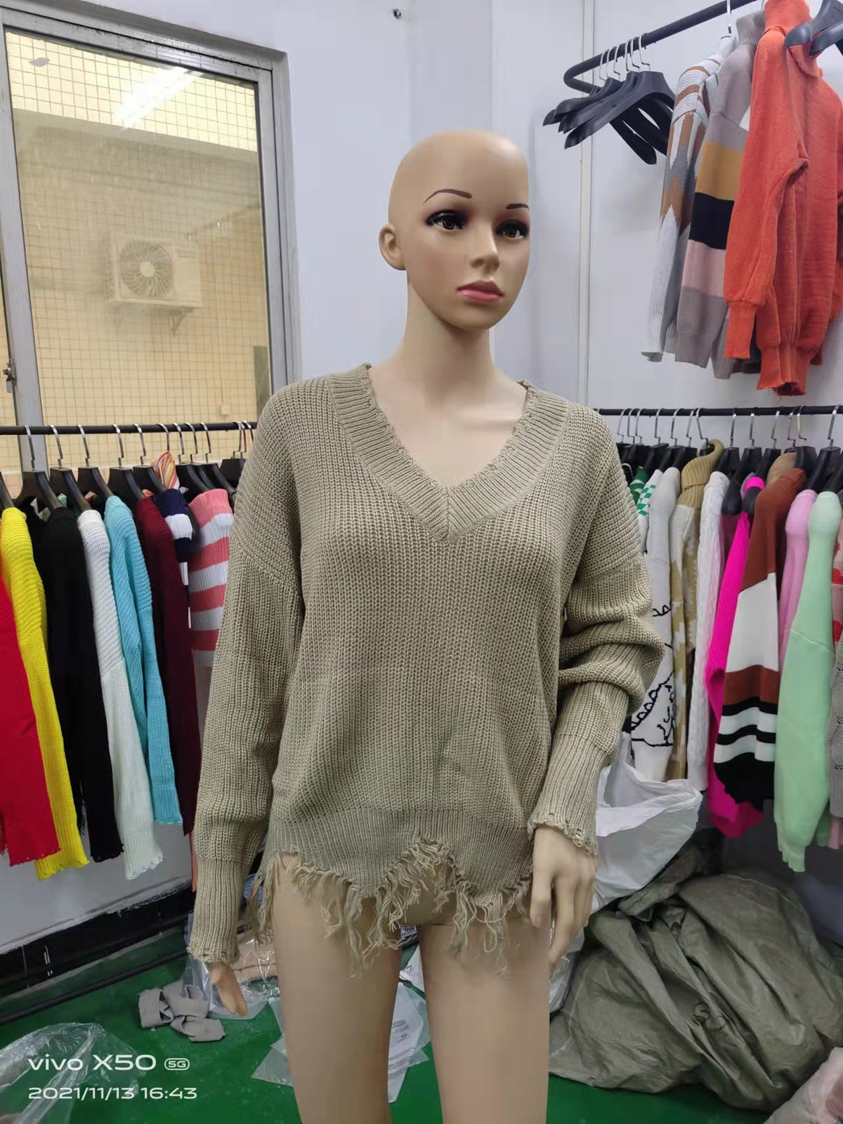 Oversized Deep V Neck Distressed Sweater Frayed Hem