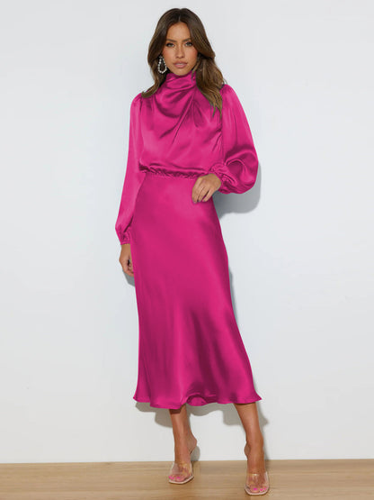 Satin Mock Neck Puff Sleeve Bodycon Midi Dress Cocktail