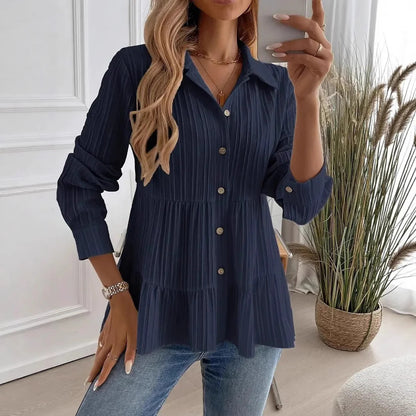 Women's Tiered Collared Long Sleeve Button Down Blouse