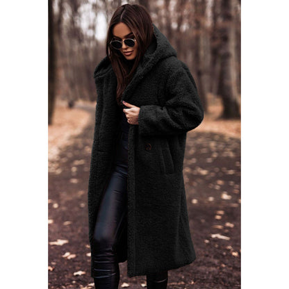 Womens Oversized Long Teddy Coat Lapel Button Jacket