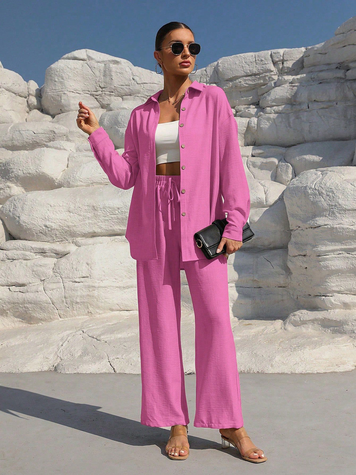 Womens Solid Two Piece Set Button Shirt Wide Leg Pants
