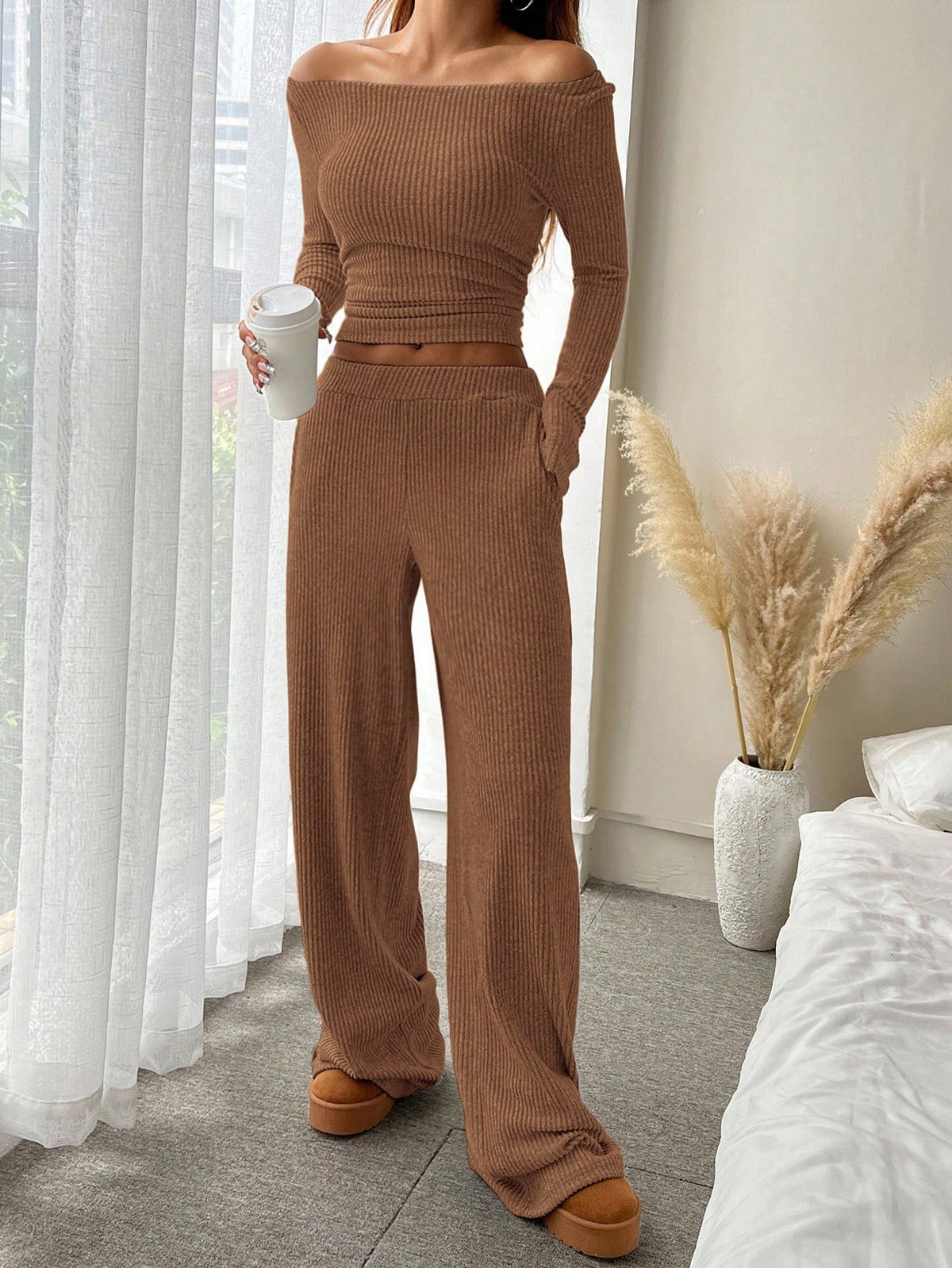 Women's Ribbed Two Piece Set Boat Neck Wide Leg Pants