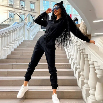 Women's Hooded Drawstring Jogger Jumpsuit Pockets