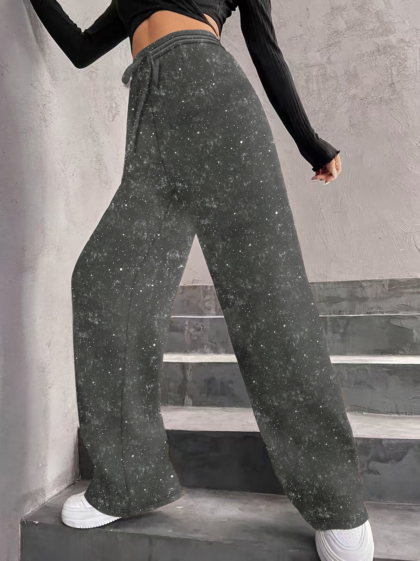 Sparkle Rhinestone Wide Leg Pants Drawstring Waist