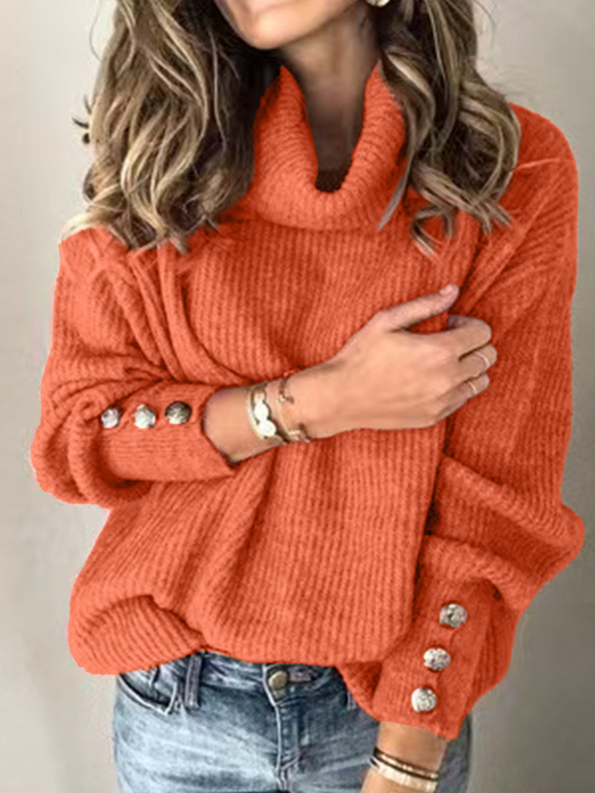Women's Chunky Knit Turtleneck Sweater Button Cuff