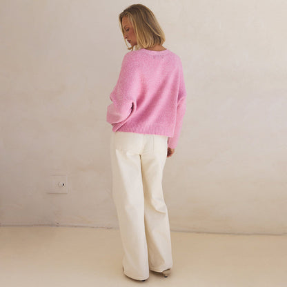 Pink Oversized Bow Crewneck Chunky Knit Sweater