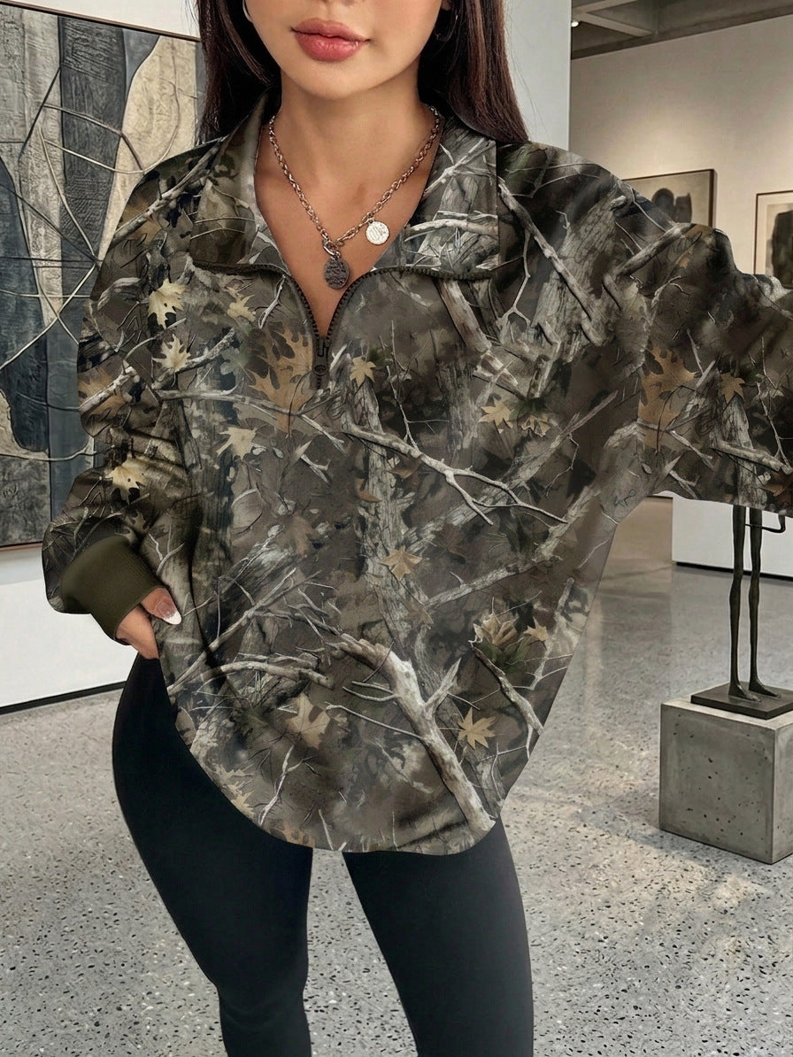 Womens Oversized Half Zip Branch Print Collared Sweatshirt