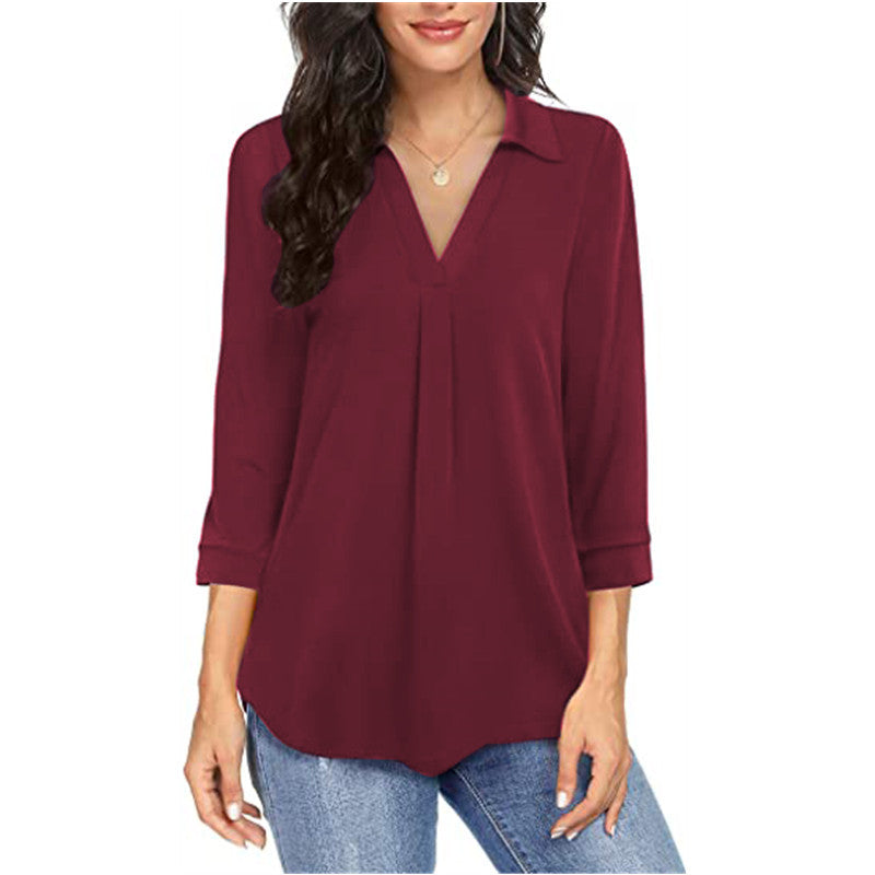 Women's V Neck Chiffon Blouse 3/4 Sleeve Loose Button Top