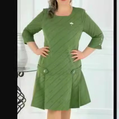 Women Plus Size Midi Dress Button Front Pleated 3/4 Sleeve