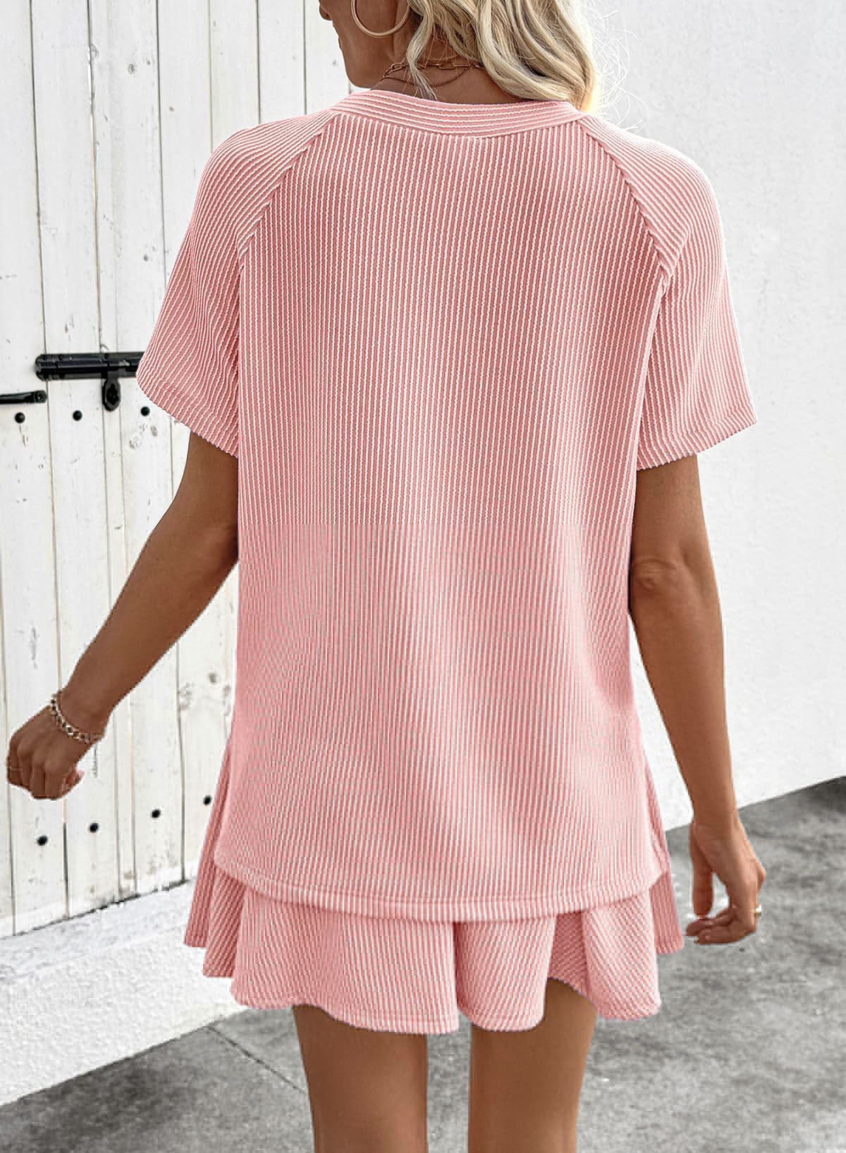 Ribbed Knit Skort Set Short Sleeve Top 2 Piece Outfit