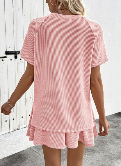 Ribbed Knit Skort Set Short Sleeve Top 2 Piece Outfit