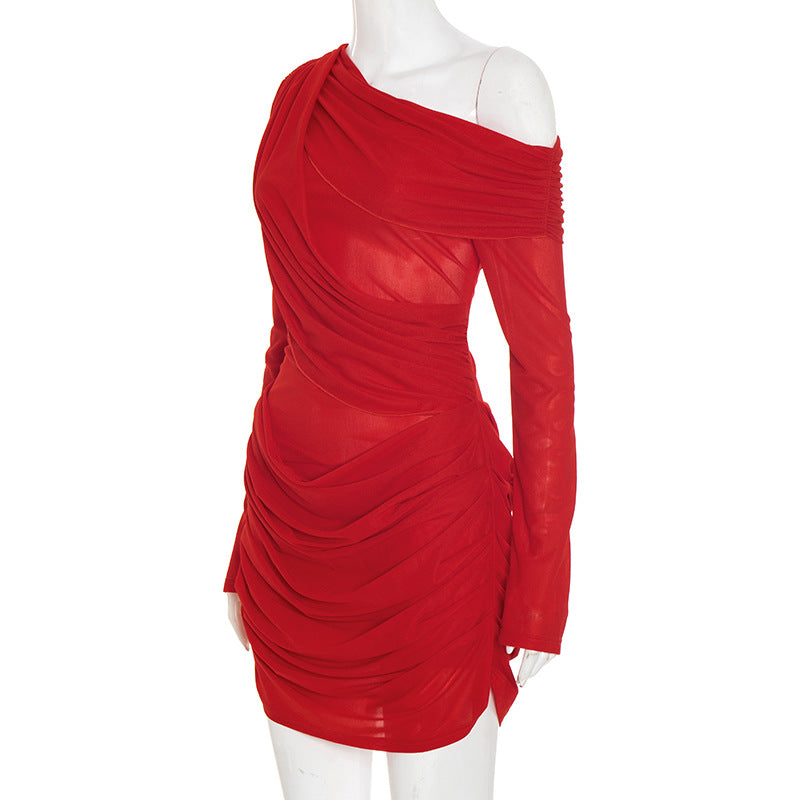 Sexy One Shoulder Ruched Long Sleeve Mesh Mini Dress