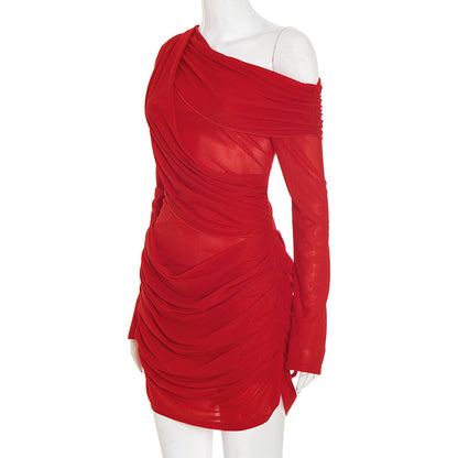 Sexy One Shoulder Ruched Long Sleeve Mesh Mini Dress