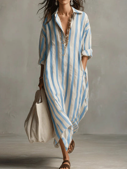 Oversized Striped Maxi Shirt Dress V-Neck 3/4 Sleeve