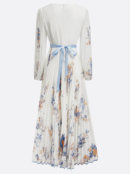 Floral Pleated V-Neck Long Sleeve Maxi Dress
