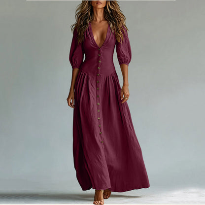 Cotton Button Down Maxi Dress Puff Sleeve V Neck Summer