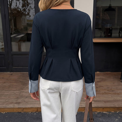 Contrast Cuff Pleated Waist Peplum Long Sleeve Top