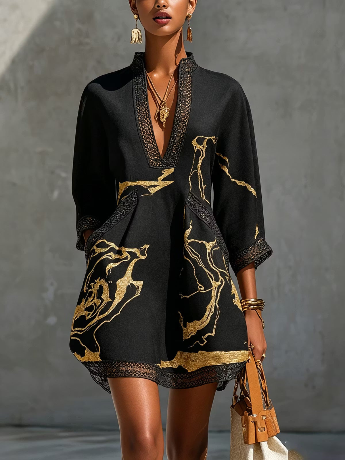 Women's V-Neck Lace Gold Metallic Mini Dress 3/4 Sleeve