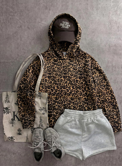 Leopard Print Hoodie Kangaroo Pocket Relaxed Fit
