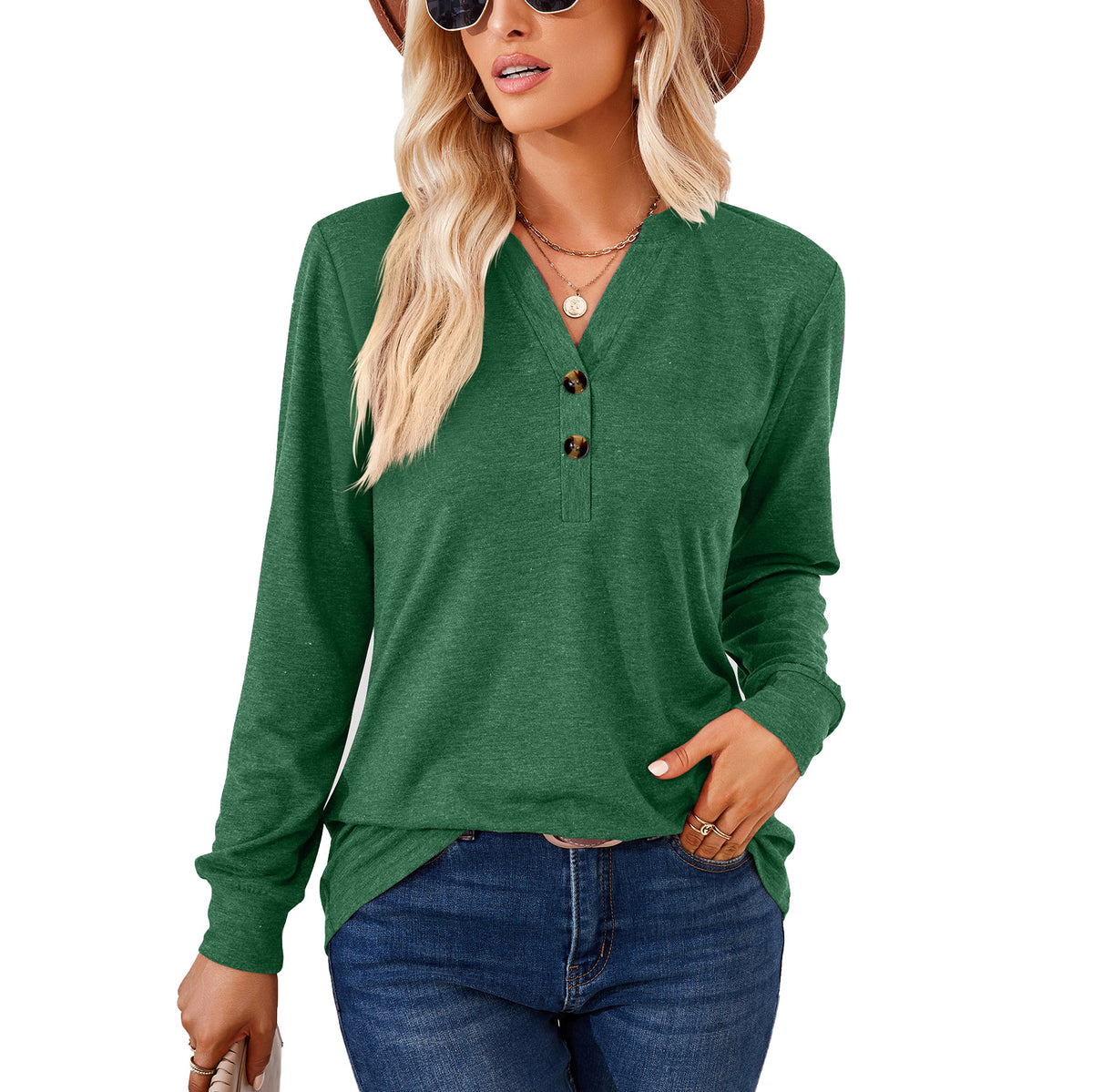 Women's Henley V Neck Long Sleeve Button Loose Tunic Top