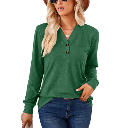 Women's Henley V Neck Long Sleeve Button Loose Tunic Top