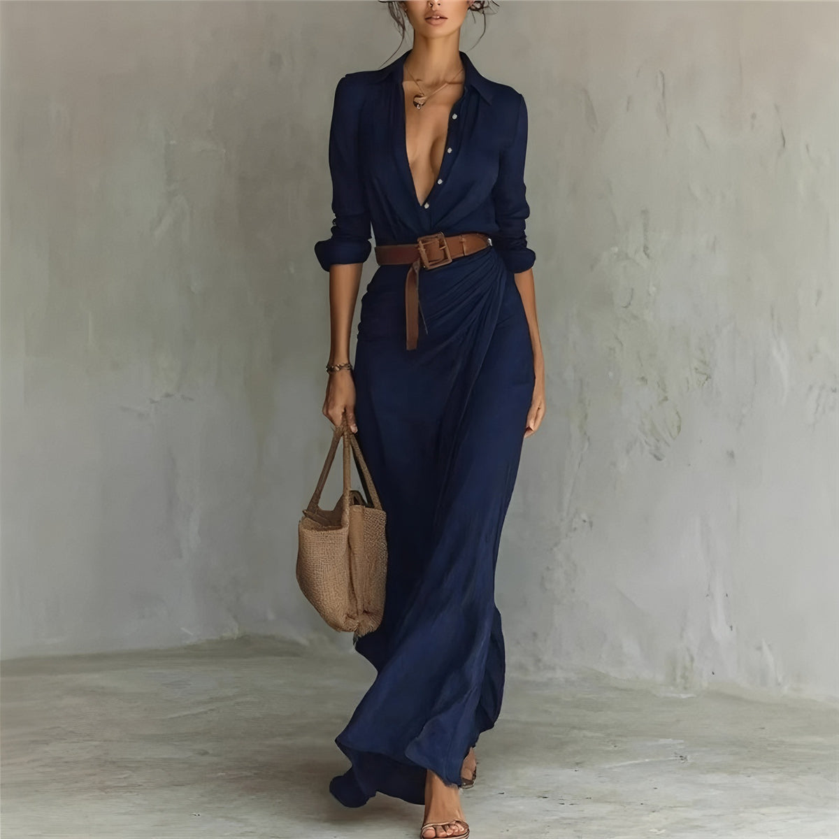 Elegant Belted Shirt Dress Long Sleeve Ruched Maxi
