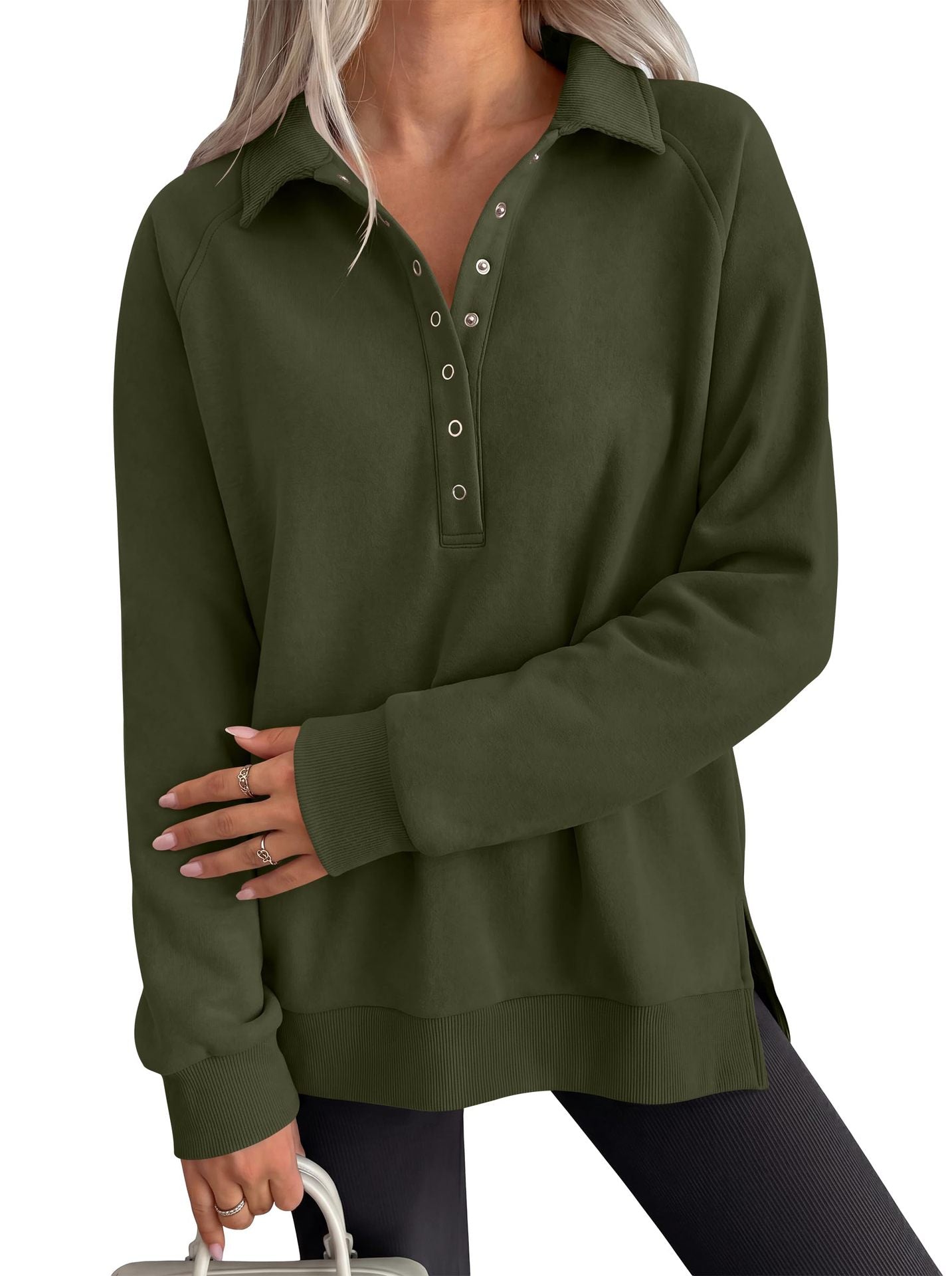 Women's Oversized Collared Button Pullover Sweatshirt