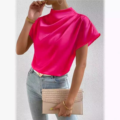 Women's Satin Mock Neck Draped Cap Sleeve Blouse