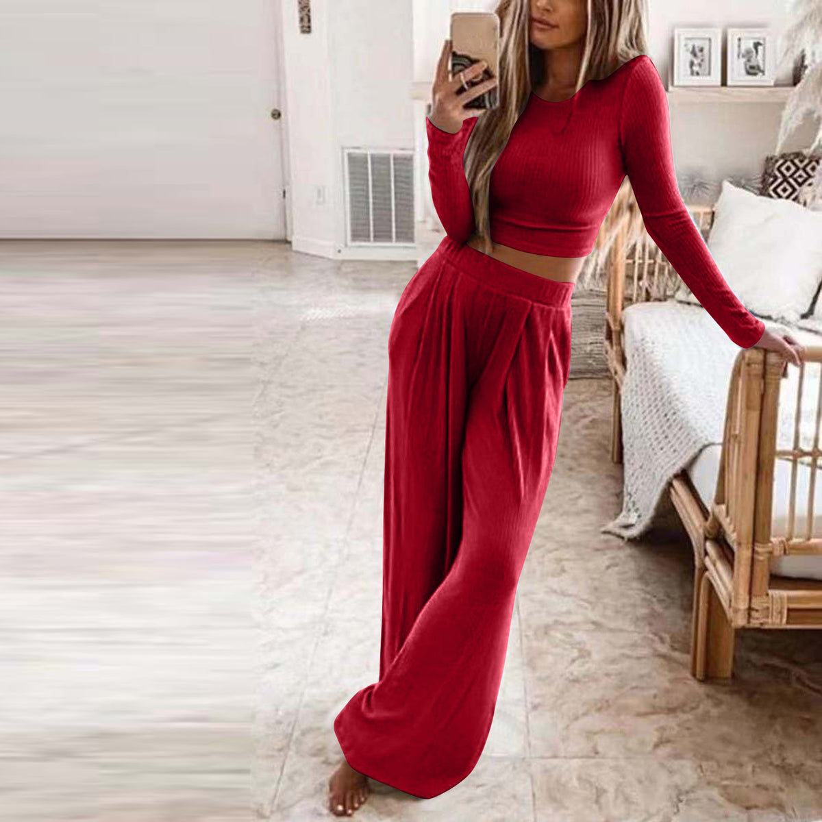 Women's Ribbed Crop Top and Wide Leg Pants Lounge Set