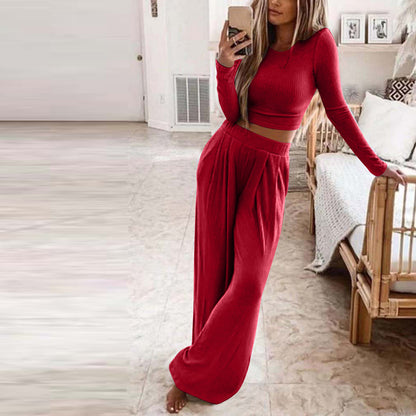 Women's Ribbed Crop Top and Wide Leg Pants Lounge Set