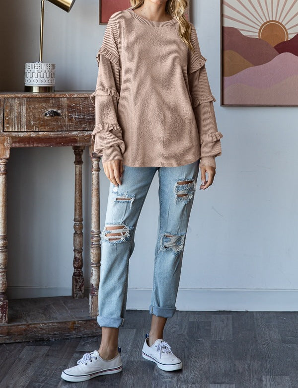 Lantern Sleeve Lace Round Neck Top