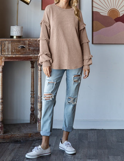 Lantern Sleeve Lace Round Neck Top