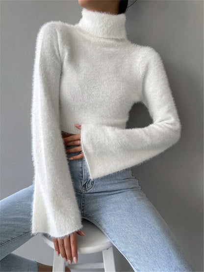 Women's Y2K Fuzzy Cropped Turtleneck Sweater