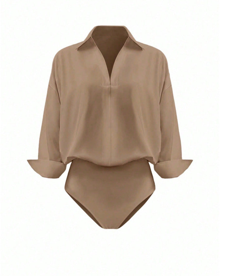 Women's V Neck Collared Business Casual Blouse Long Sleeve