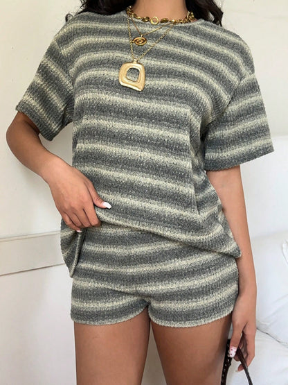 Striped Knit 2 Piece Lounge Set Women Short Sleeve Shorts