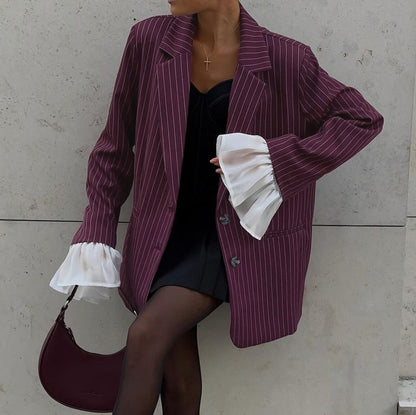 Womens Oversized Striped Blazer Flare Sleeve Burgundy