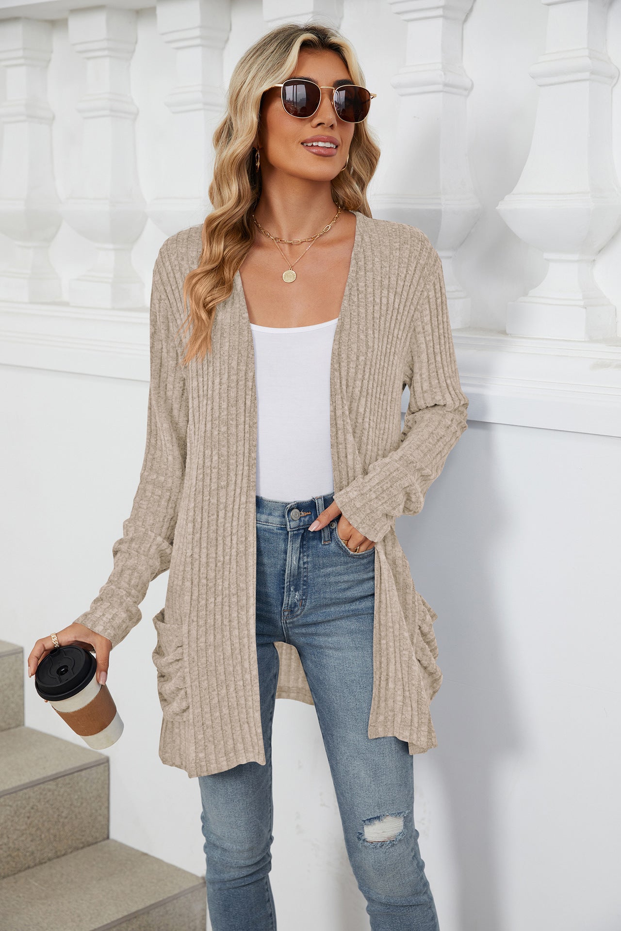 Simple Pocketed Long Sleeve Cardigan Knit Top