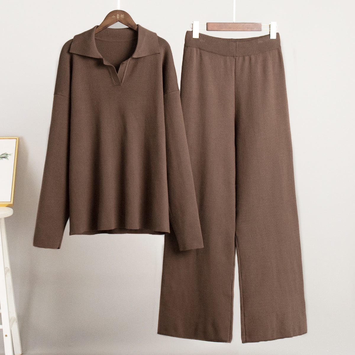 Women's Polo Knit Sweater Set with Wide Leg Pants