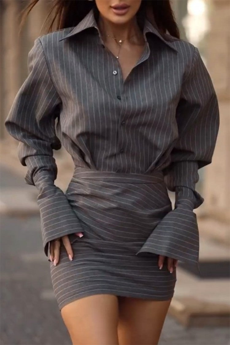 Women Striped Shirt Mini Skirt Two Piece Matching Set