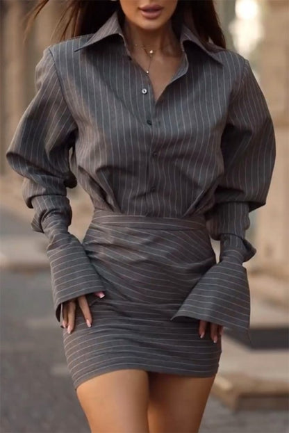 Women Striped Shirt Mini Skirt Two Piece Matching Set