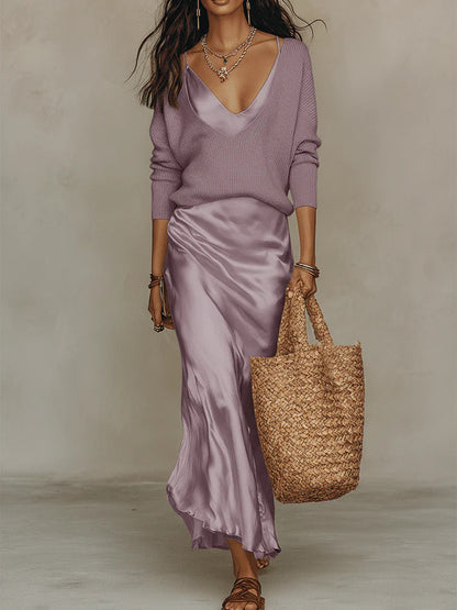 Women's Two Piece Satin Dress and Knit Top Set