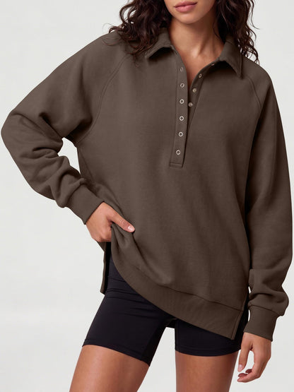 Women's Oversized Collared Button Pullover Sweatshirt