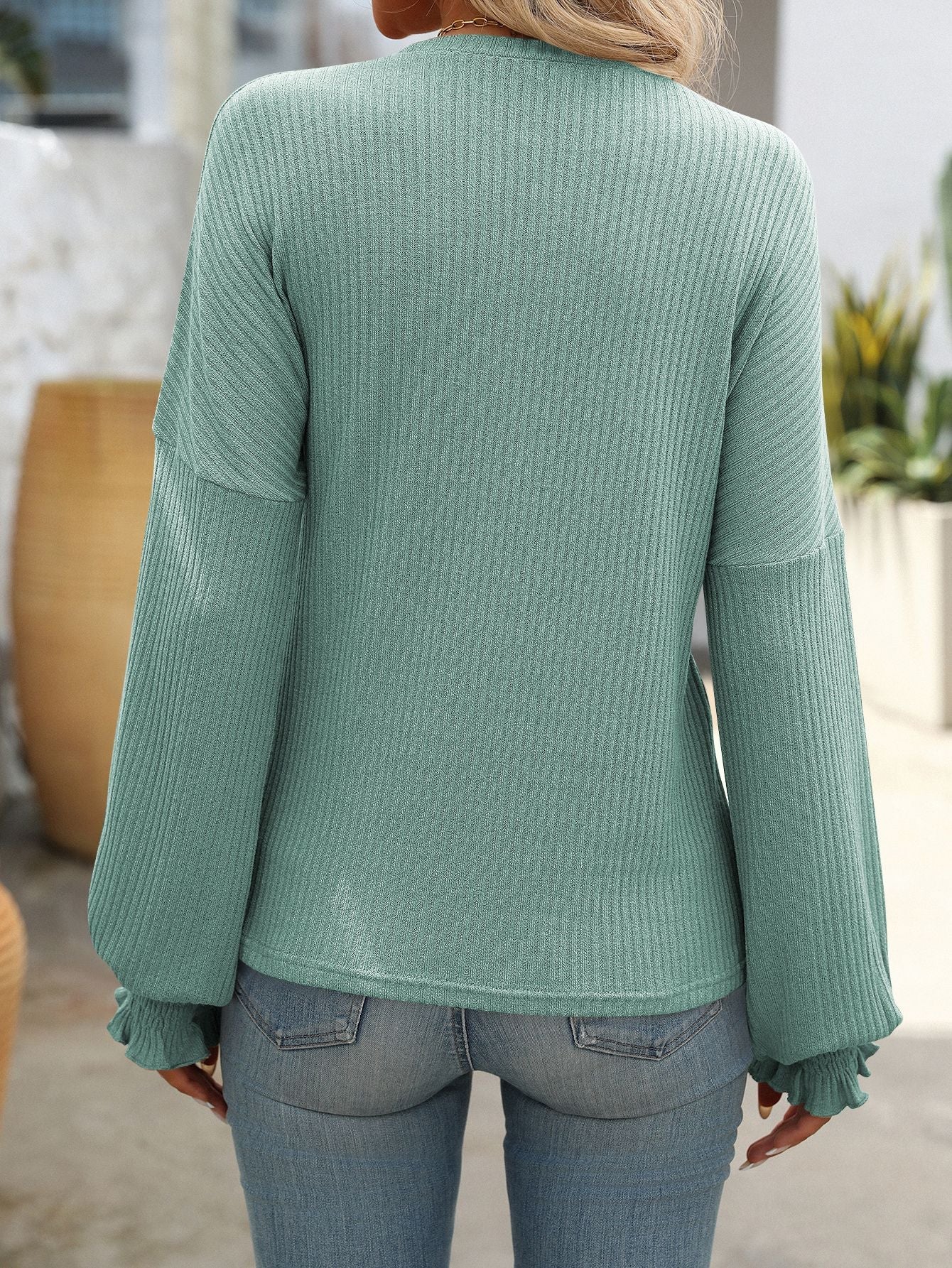 Women’s Ribbed Knit Crewneck Top with Smocked Cuffs