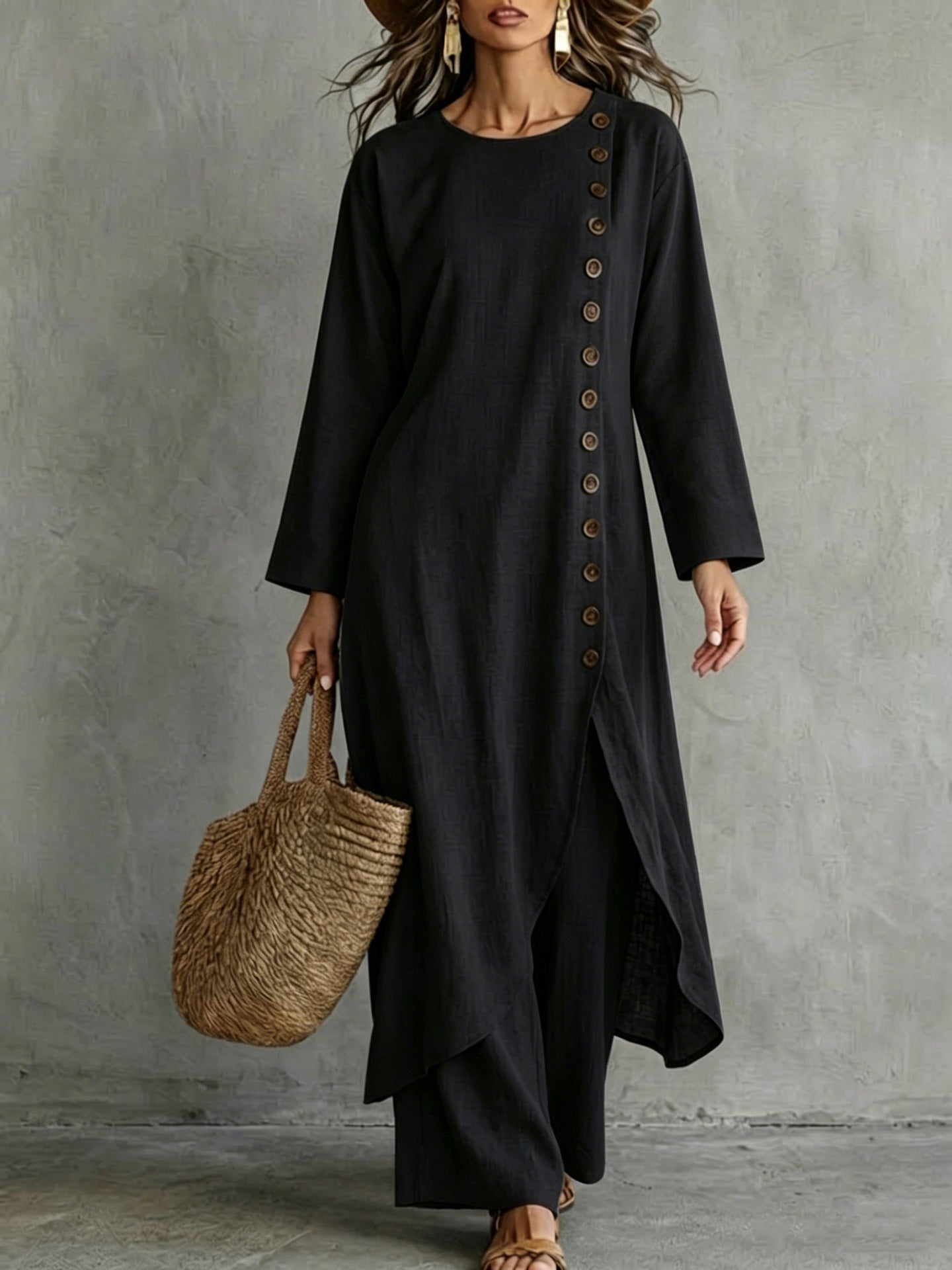 Linen Button Front Tunic Wide Leg Pants Two Piece Set