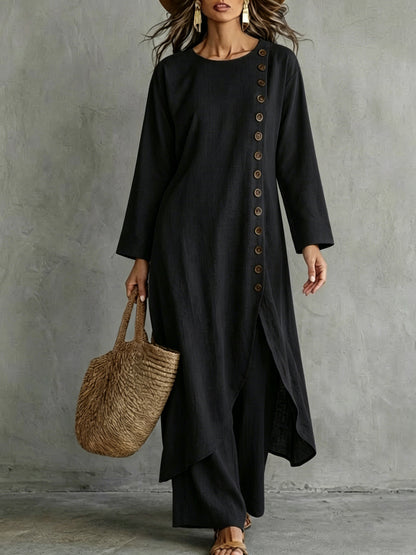 Linen Button Front Tunic Wide Leg Pants Two Piece Set